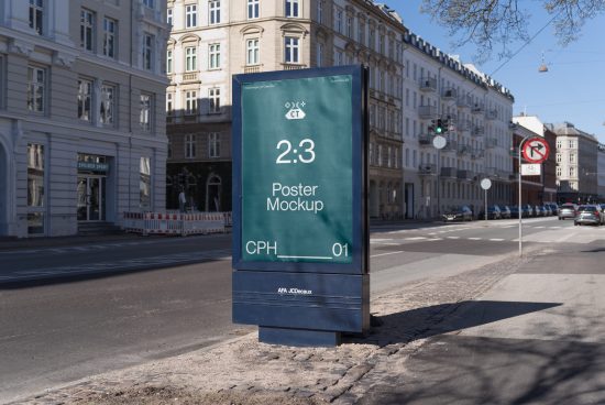 Urban outdoor poster mockup on a city street with clear sky and buildings for graphic designers and advertisers.